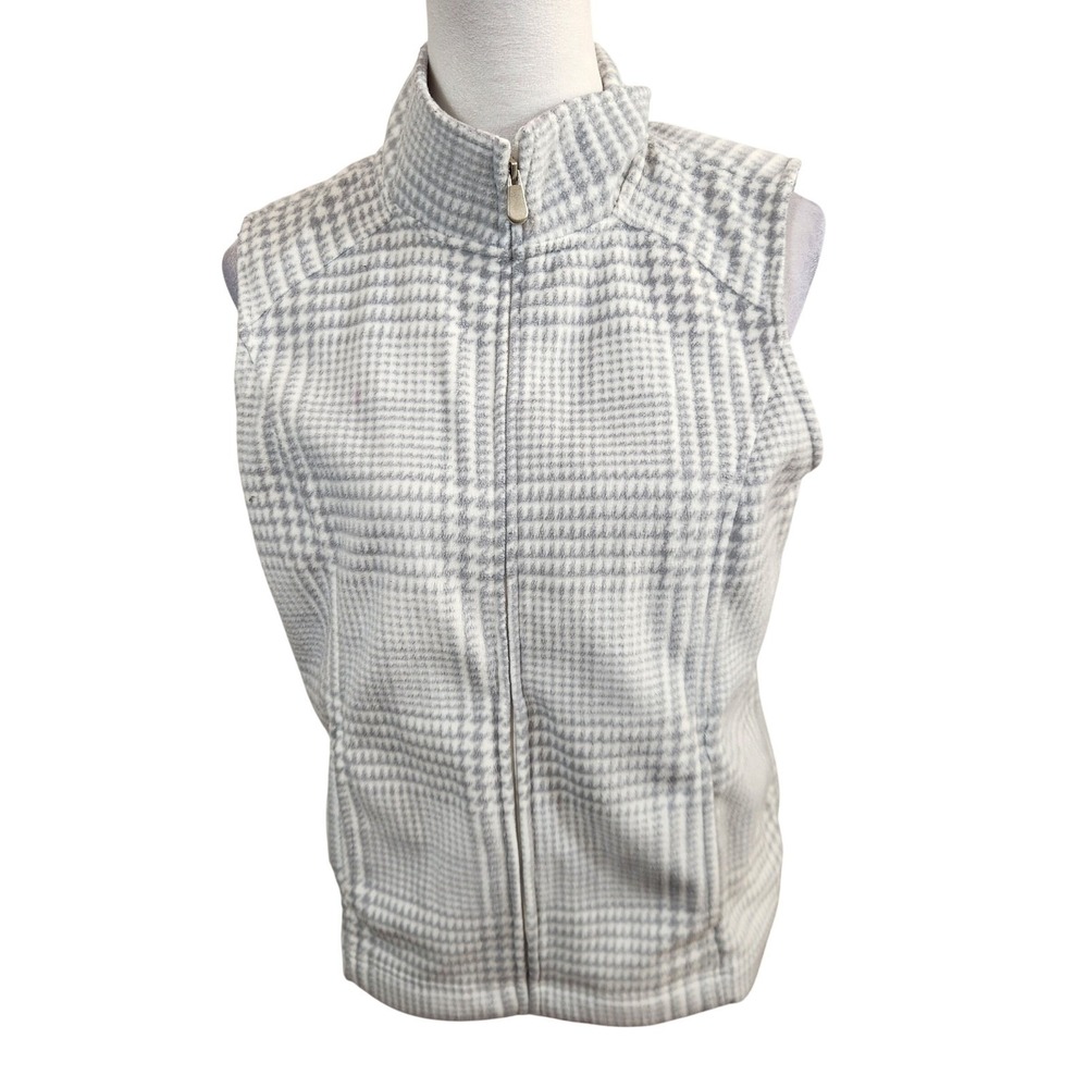 Croft & Barrow Womens Plaid Fleece Vest Zip Up Mock Neck  White Gray Size PM MP‎